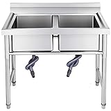 BuoQua Fregadero Comercial de Acero Inoxidable, 2 Compartimientos de Tamaño 42 x 39 x 24 cm y Tamaño Total 95 x 60 x 95 cm para Fregadero de Cocina, Plata Hecho a Mano para Fregadero de Barra Inferior