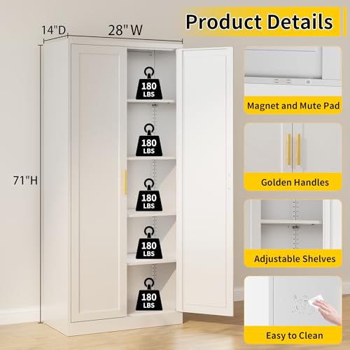 Image of Metal Pantry Cabinet, 71 inchH x 28 inchW x 14 inchD Pantry Cabinets with 2 Doors and 4 Adjustable Shelves, Kitchen Pantry Storage Cabinets, Metal Storage Cabinet for Kitchen, Dining Room, Living Room-White