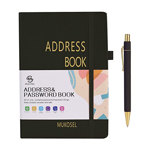 MUKOSEL Address Book with Alphabetical Tabs, PU Leather Telephone & Address Book, Hardcover Address Organizer Password Keeper Tracking Contacts / Phone Numbers / Birthday / Anniversaries / Notes (4.2Ã—5.8inch, Classic Black)