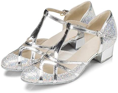 Minishion Women's T-strap Dance Heels Glitter Salsa Ballroom Shoes Wedding Party Pumps, Silver-3.5cm Heel, 10 — view 4