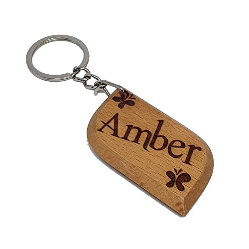 S M Gift Shop Amber Personalised Name Engraved Wooden Keyring Keychain Key Ring