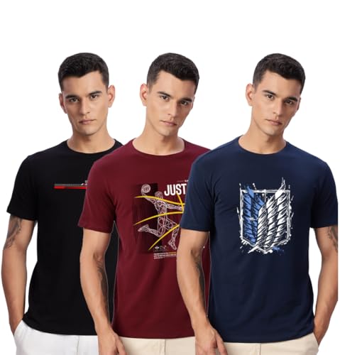 Image of ADRO 100% Cotton Lycra Tshirts for Men Combo Pack of 3 | Regular Fit | Printed T Shirt | Round Neck Half Sleeve| Mens Tshirts