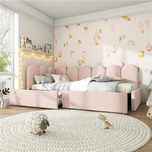 Sofá Cama Individual Tapizado Con Cajones De Almacenamiento, Sofá Cama Convertible, 90x190/200 Cm, Rosa, Estructura En Forma De L, Ideal Para Espacios Pequeños Y Habitaciones De Invitad(Size:90*200cm)