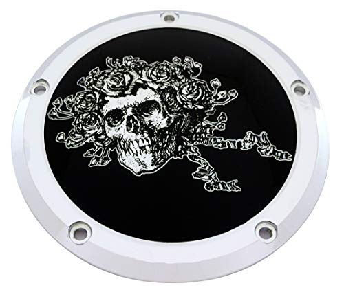 Skull & Roses - Harley Davidson 7Â¾ inch Derby Cover. Billet Aluminum, Chrome with Black Graphics