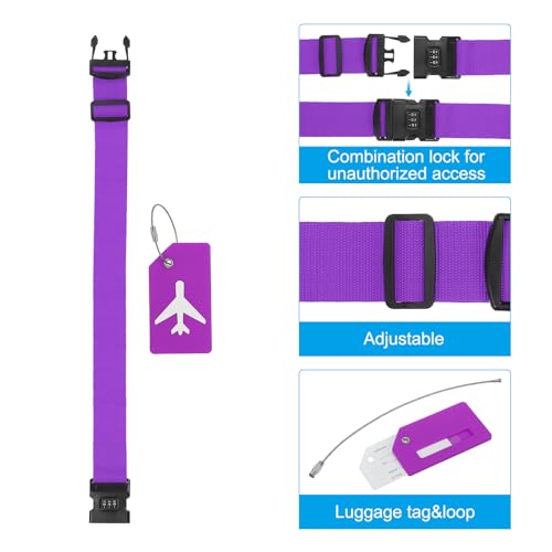Image of PATIKIL Luggage Strap with Combination Lock Luggage Tag and Loop 78 inchx2 inch, 3 Set Adjustable Suitcase Belt for Travel Packing Bag Closure Identify, Purple