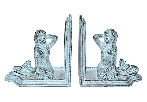 Mermaid Decorative Bookends For Shelves, Heavy Duty Cast Iron, Book Ends For Home Office Decor, Antique Blue #TOP3
