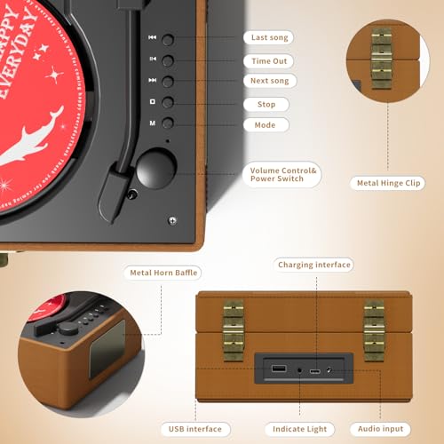Yintiny Time Music Box CD Player with Speakers; Bluetooth Transmitter; Festival Gift; BGM Player for Home Decor (Brown)