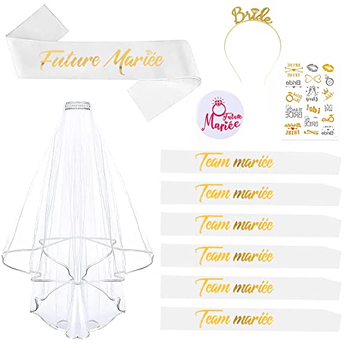 UNIVERTEN Enterrement de Vie de Jeune Fille Accessoire, Kit EVJF Accessoire, Kit Écharpe pour EVJF, Écharpe Future Mariée et Team Bride, Voile, Badge Future Mariée, Bandeau Diadème, Tatouage(or blanc) Cover