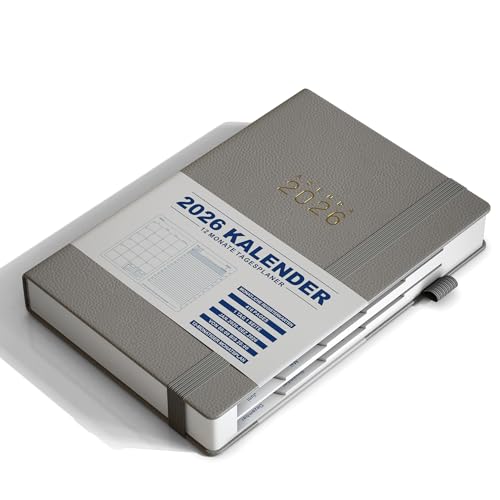 KaKa Dragon Kalender 2026 Terminplaner, Buchkalender Agenda, Deutsches Tagebuch Planer A5 Terminplaner 1 Tag 1 Seite mit Monatsregistern, (416 Seiten) Hardcover (Grey)