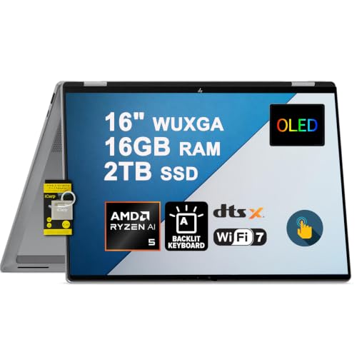 Image of HP OmniBook X Flip 16 2-in-1 Laptop 16 inch WUXGA OLED Touch (100% DCI-P3) AMD Ryzen AI 5 430 (Up to 50 AI Tops) 16GB RAM 2TB SSD Backlit Wi-Fi7 for Creator Designer Business Professional Win11 ICP Hub