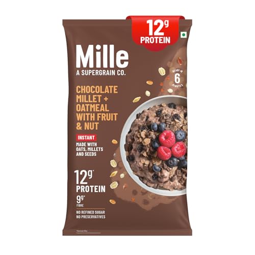 Image of Mille High PROTEIN Chocolate Oatmeal with Fruit & Nuts | Power of 5 grains - Oats, Ragi, Jowar, Barley, Wheat | Flax seeds, Almonds, Raisins | Healthy High Fibre Breakfast Cereal | 400g