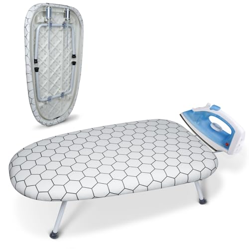 SUNDOY 60x36cm Bügelbrett Tisch – Tragbares Bügelbrett mit Bügeleisenablage, 5mm Polsterung & Baumwollbezug, rutschfeste Metallfüße, Platzsparend für Zuhause, Studenten & Reisen