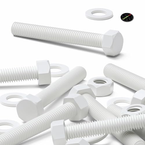 Image of 10x White Hexagon Head Screws Polypropylene (PP) Plastic Nuts, Bolts & Washers, M10 x 75 mm, (25 /64 x 2 61 /64 in)
