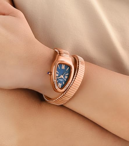 Image of French Connection Eternelle Curve | Blue Dial with Rose Gold Case | Flexible Wrap Bracelet Strap | Crystal Accent Design | Roman Numerals Analog Watch for Women - FCN0142URGM