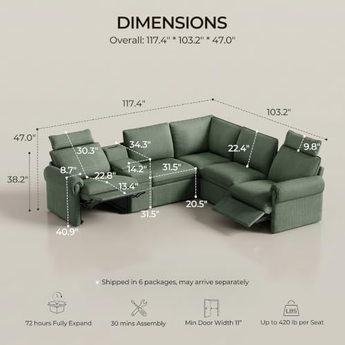 Image of CHIC HOUSE 117 inch 5-Seat L-Shaped Power Reclining Sectional Couch, Green