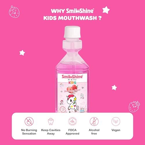 Image of SmiloShine Pack of 3 150 Milliliter Kids Mouthwash-Alcohol Free-For Fresh Breath & Protection Against Germs-Ages 3+ (Lemon Lime, Juicy Orange, Strawberry Flavour)
