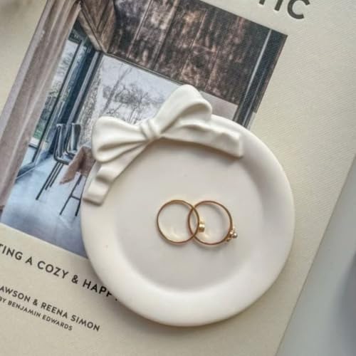 Image of Aesthetic Handmade Round Bow Trinket Tray Handmade | Jewelry Organizer | Vanity Tray for Women | Minimalist Home Decor, Candle Holder & Multipurpose - 10 x 10 cm