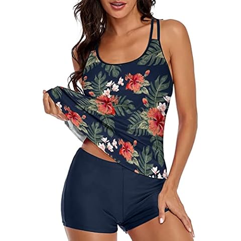 Omichic Bathing Suits Tankini Swimsuits for Women Two Piece Bathing Suits Long Tank Top with Boyshorts Navy Medium Cover