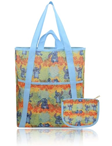 Fast Forward Disney Stitch Beach Bag Tote Bag for Women | Mesh Beach Tote Bag Reusable Grocery Bag | Blue and Green Travel Bag Stitch Accessories
