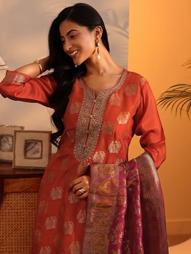 Image of Libas Woven Design Silk Blend Straight Kurta with Trouser and Dupatta