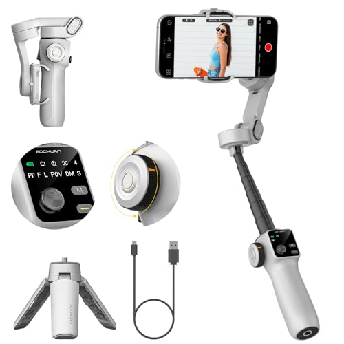 Image of AOCHUAN Gimbal Stabilizer for iPhone & Android, 3-Axis Phone Gimbal with OLED Screen, 7.8 inch Extendable Rod, Face & Gesture Tracking, Ideal for Vlogging, Travel & Video Recording-Smart V8 White