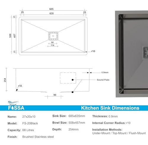 Image of Fossa 27 inchx20 inchx10 inch 5-Year Warranty Premium Stainless Steel Handmade Single Bowl Kitchen Sink | Sink with Waste Coupling & PVC Waste Pipe - Black (Matte Finish)