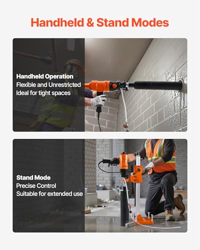 Image of VEVOR Diamond Core Drilling Machine, 8 in Drilling Diameter, 2-in-1 Handheld & Stand-Mount Dry and Wet Concrete Core Drill Rig with 4 Drill Bits, 1075 /2300 RPM 2-Speed, for Concrete Brick Stone, 1800W