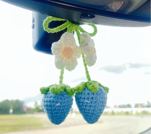 Image of VRB Dec 1 Pcs Crochet Flower for car Dashboard Decoration Items,Car Hanging Crochet Flower,Sunflower Decoration for Car,Car Mirror Hanging Accessories, (Hanging Strawberry Blue Crochet - 1 Pcs)