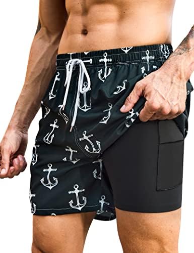 KBVOT Mens Swim Trunks with Compression Liner 5 inch Inseam 2 Pack Quick Dry Stretch Beach Shorts Bathing Suits Swimwear