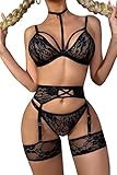 Dewinya Womens Lingerie Set 4PC Floral Lace Bra and Panty Sets with Garter and Leg Straps Lingerie f