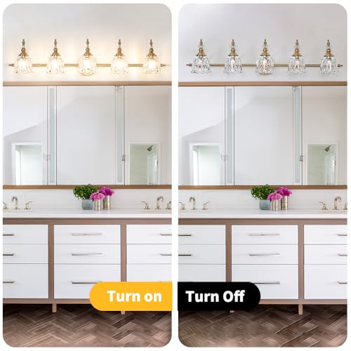 Image of Brushed Antigue Brass Bathroom Light Fixtures, 5 Lights Vanity Light with Flower Glass Shade, Bathroom Vanity Light Over Mirror, Vintage Sconces Wall Lighting for Hallway Livingroom Bedroom