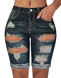 roswear Women's Ripped Denim Destroyed Mid Rise Stretchy Bermuda Shorts Jeans