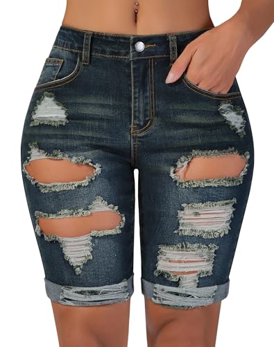 roswear Women's Ripped Denim Destroyed Mid Rise Stretchy Bermuda Shorts Jeans