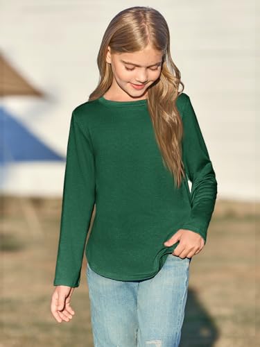 Image of Haloumoning Girls Long Sleeve T Shirts Kids Crewneck Tops 5-14 Years | Solid Color, Casual Loose Fit, Basic Tees, Curve Hem, Side Slit, Soft Tunic Tops, Fashion Clothes