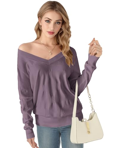 Buauty Womens Fashion V Neck Long Sleeve Knitted Ribbed Pullover Sweaters Casual Lightweight Loose Fit Jumper Tops4