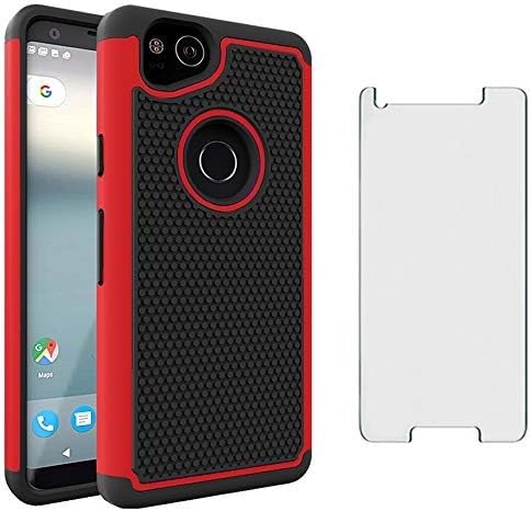 Phone Case for Google Pixel 2 with Tempered Glass Screen Protector Cover Flim and Cell Accessories Slim Rugged Silicone Hard Hybrid Heavy Duty Protective Pixel2 Pixle Two Cases Women Girls Black Red