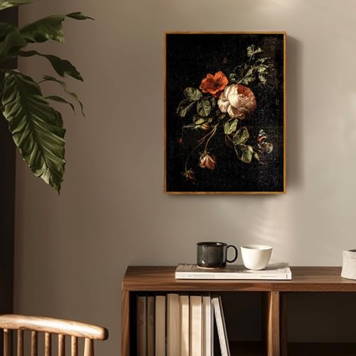 crmotu Floral Framed Wall Art, Flower Vintage Botanical Prints, Moody Rose Butterfly Canvas Pictures, Dark Academia Mid Century Modern Home Wall Decor for Bedroom Kitchen Office Desktop 8x10in