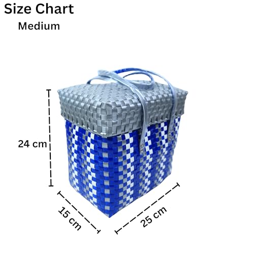 Image of Hand Made Multipurpose Plastic Basket with Lid | Eco-Friendly, Washable, Rust-Free Storage Basket for Kitchen, Picnic, Toys, Travel, Office | Lightweight basket (Blue with Grey, M)
