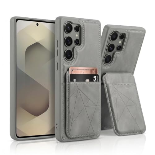 Image of amazon basics Premium Vegan Leather Back Cover with Card Holder and Integrated Mobile Stand for Samsung Galaxy S25 Ultra 5G - Slim Shockproof Wallet Case with Geometric Stitching [Gray]