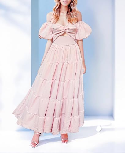 Image of GOLDSTITCH Women's 2026 Boho Floral Maxi Dress Puffy Short Sleeve Cutout V Neck Casual Long Beach Dress