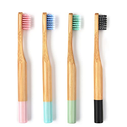 Kids Bamboo Toothbrush Biodegradable Soft Toothbrushes, Natural Bamboo Toddler Toothbrush with Soft BPA-Free Spiral Nylon Bristles, Portable Recyclable Travel Wooden Toothbrush Set- 4 Pcs