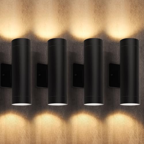 Image of LUTEC Outdoor Wall Light Fixtures, Integrated LED Cylinder Up-Down Sconce, 16W 3000K Waterproof Aluminum Exterior Lighting, Modern Matte Black Wall Sconce Outdoor Lighting for Porch, Entryway, 4 Pack