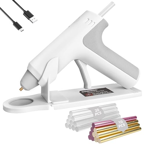DOMINOX Pistola de Pegamento Caliente Inalámbrica con 30 Barras de Silicona, Calentamiento Rápido de 25S, Batería Recargable 2000mAh Type-C, Apagado inteligente, para Arte, Artesanía, DIY, Blanco