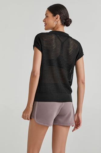 Image of Arach&Cloz 2025 Women's Crochet Cap Sleeve Knit Tops Spring Summer Shirts Lightweight Collared Hollow Out Casual Blouses
