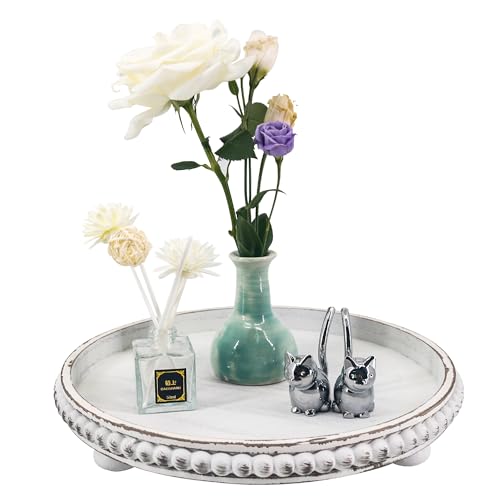 GMFrames Round Decorative Tray Coffee Table Tray with Wood Beaded,Rustic Centerpiece Serving Tray for Farmhouse Kitchen Decor,Bathroom Organizer White