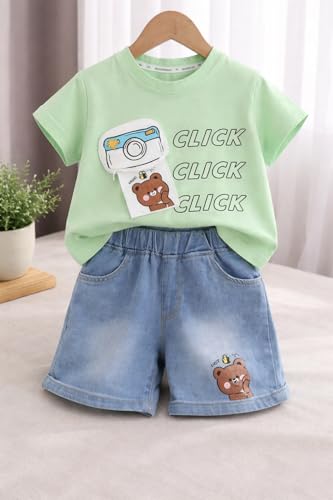 Image of Bold N Elegant Baby Boy Girl Camera Click T-Shirt with Denim Shorts Cotton Co-Ord Set Summer Outfit for Infant Toddler Kids Upto 5 Years