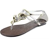  Celeste Damen Riemchen Denim Reißverschluss Blume Dekor Gladiator Flats Tanga Sandalen Mode Schuhe, Silber (silber), 38.5 EU