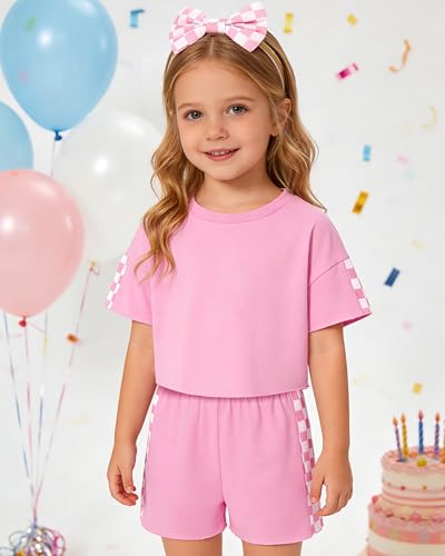 Image of SANMIO Toddler Girl Clothes Summer 3 Piece Outfits Cute | Short Sleeves Checkered Tops Shorts and Headband Girls Clothing Set
