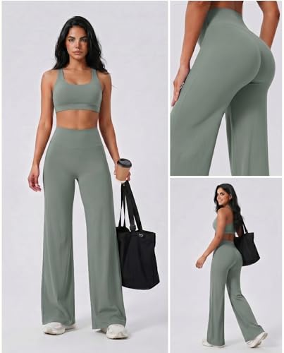 Image of Coume 2 Pack Women Workout Leggings Straight Wide Leg No Front Seam Yoga Gym Pants High Waist Buttery Soft Stretch Leggings