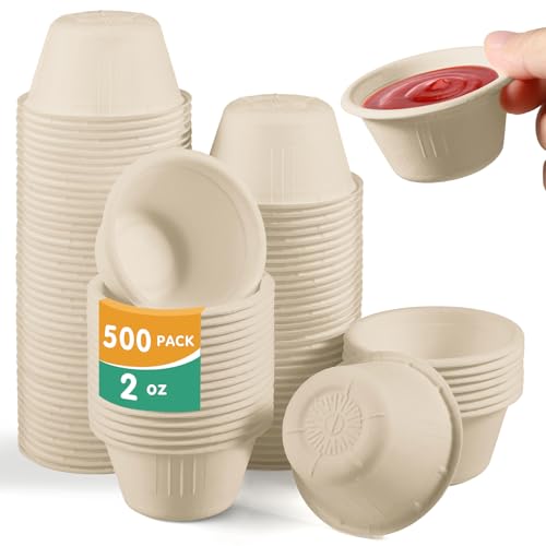 OasisSN [𝟐𝐨𝐳, 𝟓𝟎𝟎-𝐏𝐚𝐜𝐤] Compostable Souffle Cups, Biodegradable Paper Portion Cups Made from Bagasse, Leak-Proof & Sturdy for Dips, Dressings, Samples (Natural) by OasisSN - Used condition - US$14.94